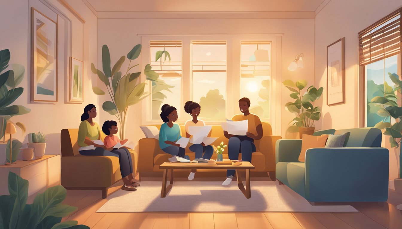 A family sits comfortably in their home, surrounded by the warm glow of their mortgage documents from Standard Chartered. The flexibility of their Home Loan MortgageOne brings peace of mind as they make their repayments