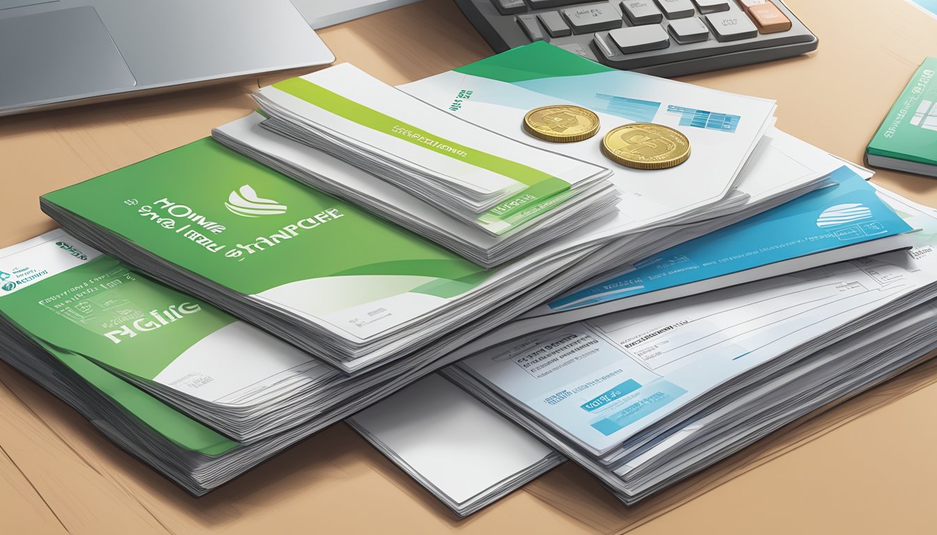 A stack of bills and coins with a Standard Chartered Home Loan brochure on a clean, modern desk in a Singapore home