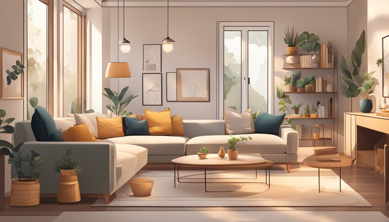 A cozy living room with a modern, minimalist design. A family sits comfortably on a stylish sofa, surrounded by warm lighting and tasteful decor