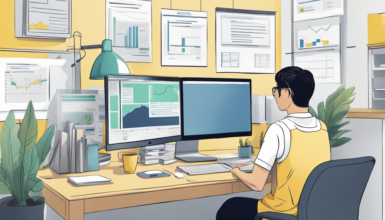 A person sitting at a desk, surrounded by computer screens and documents, providing additional services and support for Maybank HDB Home Loan in Singapore