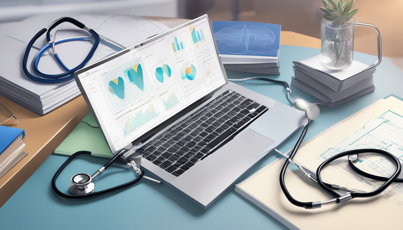 A stethoscope resting on a table next to a stack of medical textbooks and a computer screen displaying cardiac diagrams