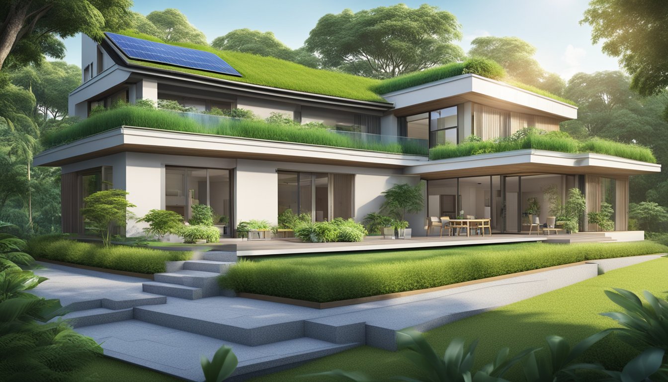 A house with a green roof and eco-friendly features, surrounded by lush gardens and solar panels, representing a standard chartered green mortgage in Singapore