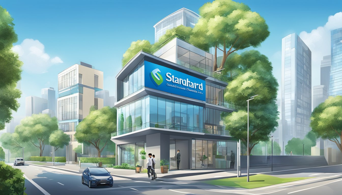 A home with a "Standard Chartered" sign, surrounded by a modern cityscape, with a clear blue sky in the background
