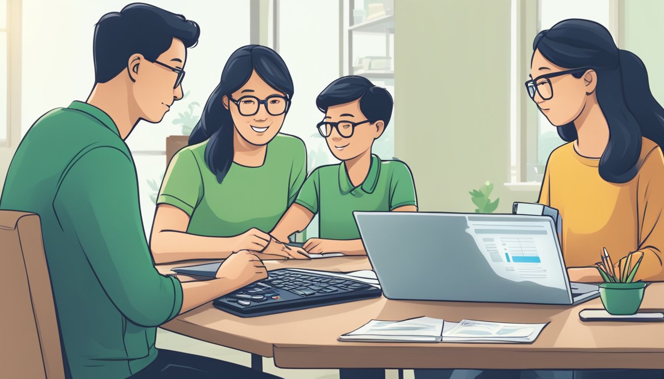 A family sits at a table discussing repayment options and fees for their Standard Chartered Home Loan Green Mortgage in Singapore. Documents and a laptop are spread out, and a calculator is being used to crunch numbers
