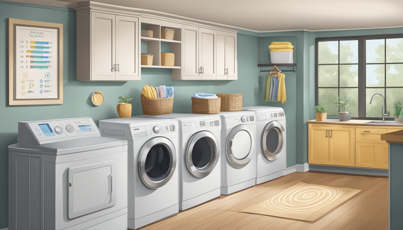 A laundry room with a dryer and a chart of dryer symbols on the wall