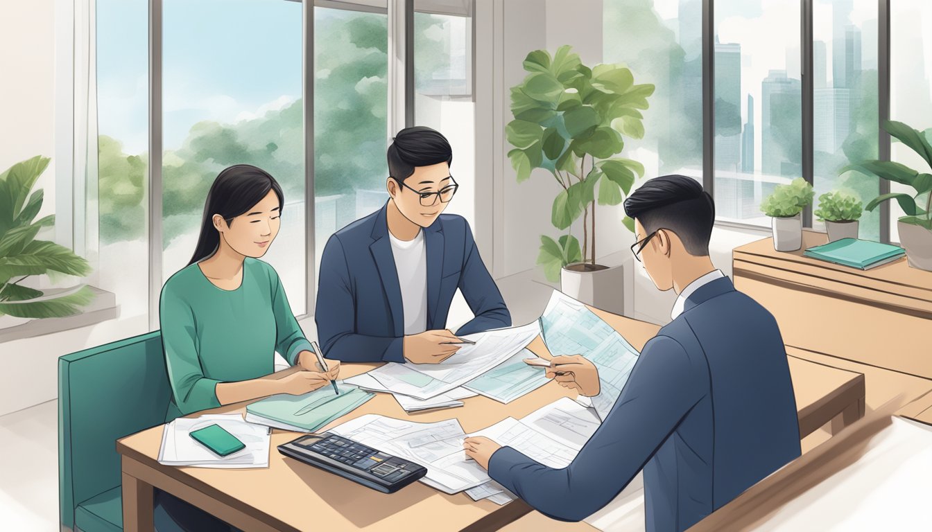 A couple sits at a table, reviewing paperwork for their Standard Chartered Home Loan and HDB Home Suite in Singapore, with a calculator and financial documents spread out in front of them