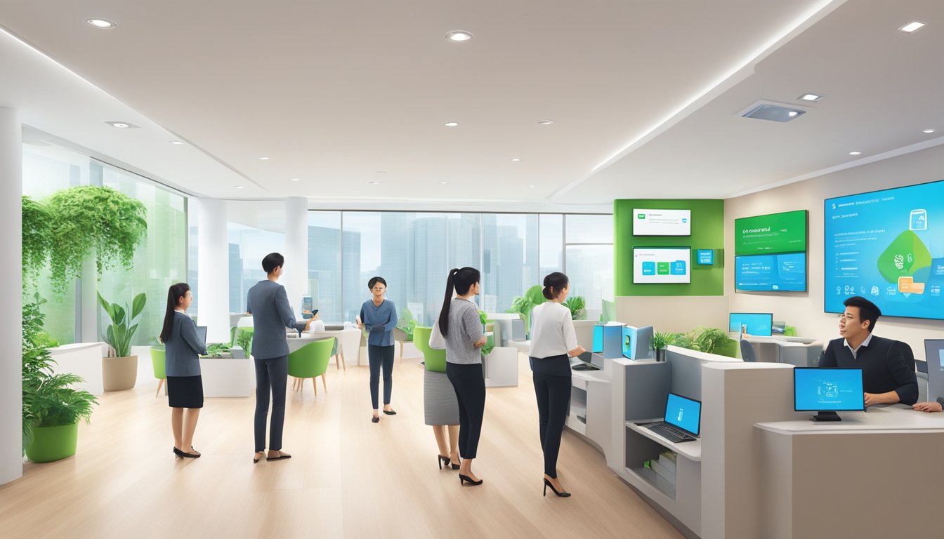A modern, sleek bank branch with digital screens displaying "Standard Chartered Home Loan MortgageOne Singapore" and customers discussing financial options with staff