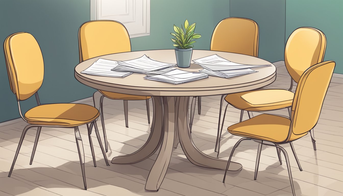 A small round dining table surrounded by chairs, with a stack of FAQ papers and a pen on the table