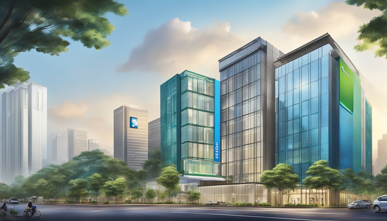 A modern bank facade stands tall among other buildings, with the Standard Chartered logo prominently displayed. Bright and inviting, the Home Suite Singapore branch exudes a sense of trust and professionalism