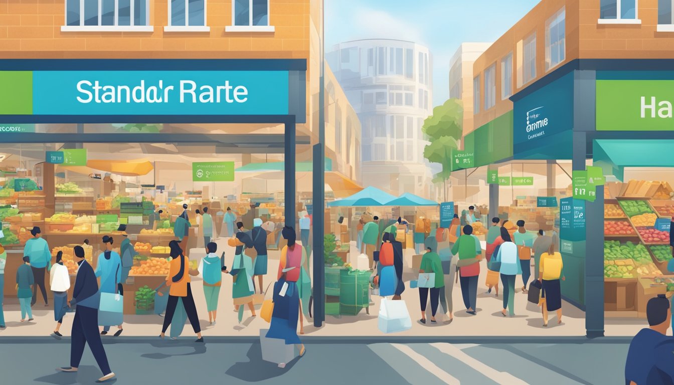 A bustling market with interest rate graphs and Standard Chartered Home Loan MortgageOne signage