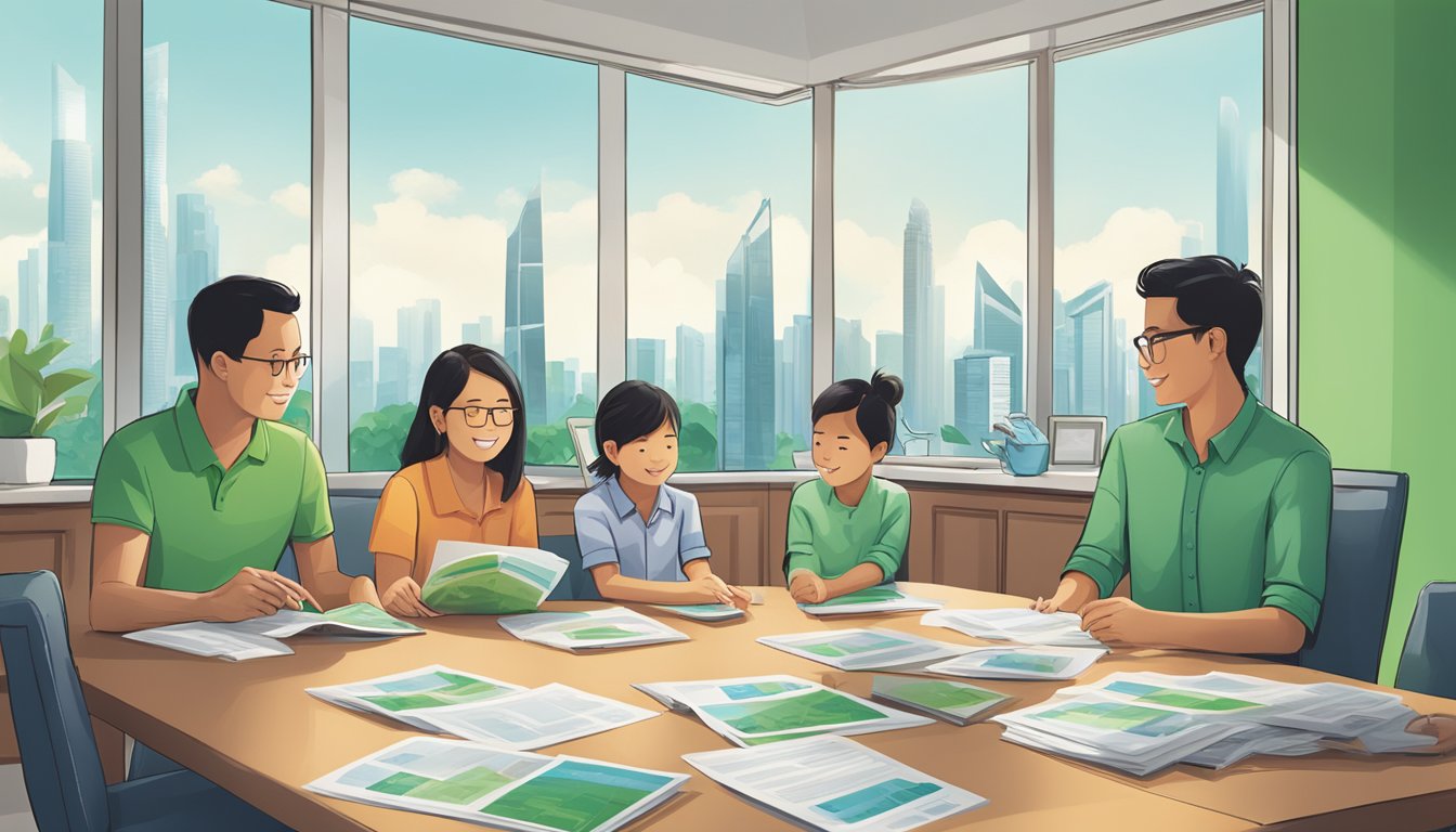 A family sits around a table, discussing refinancing options for their home loan with Standard Chartered. Green Mortgage brochures are spread out, and the Singapore skyline can be seen through the window