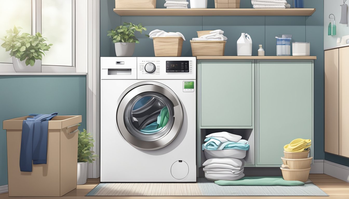 A washing machine in a modern Singaporean home, surrounded by neatly folded laundry and a stack of detergent boxes