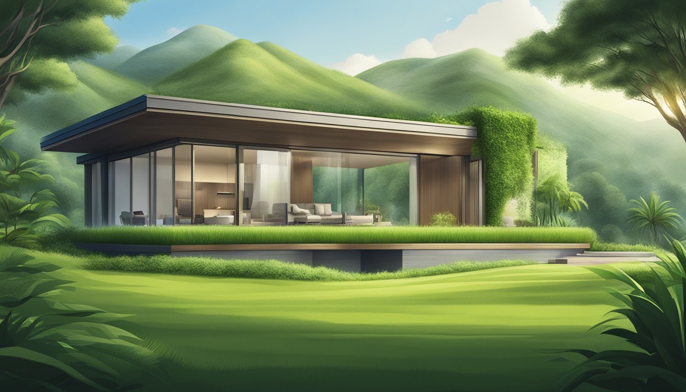 A lush green landscape with a modern, eco-friendly home and a prominent Standard Chartered logo