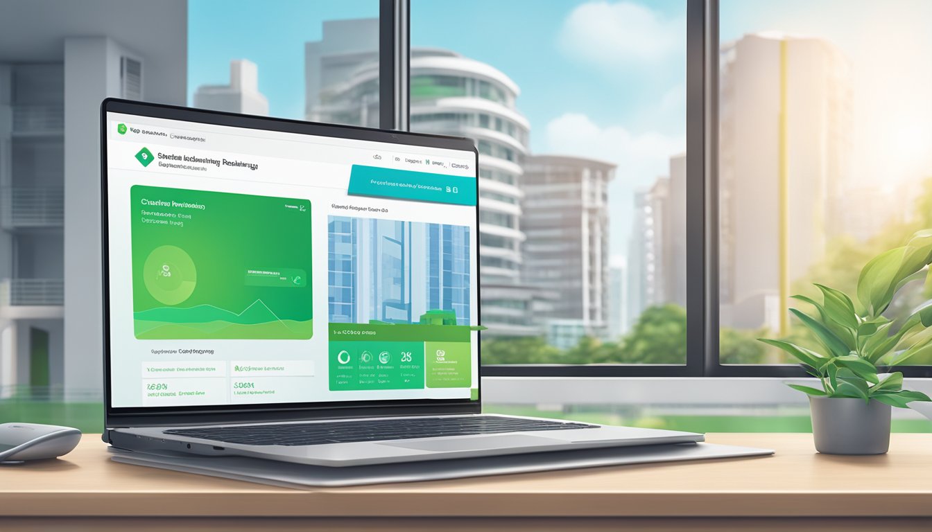 A laptop displaying Standard Chartered's digital banking platform with a modern HDB home suite in the background, representing the convenience of managing a home loan in Singapore