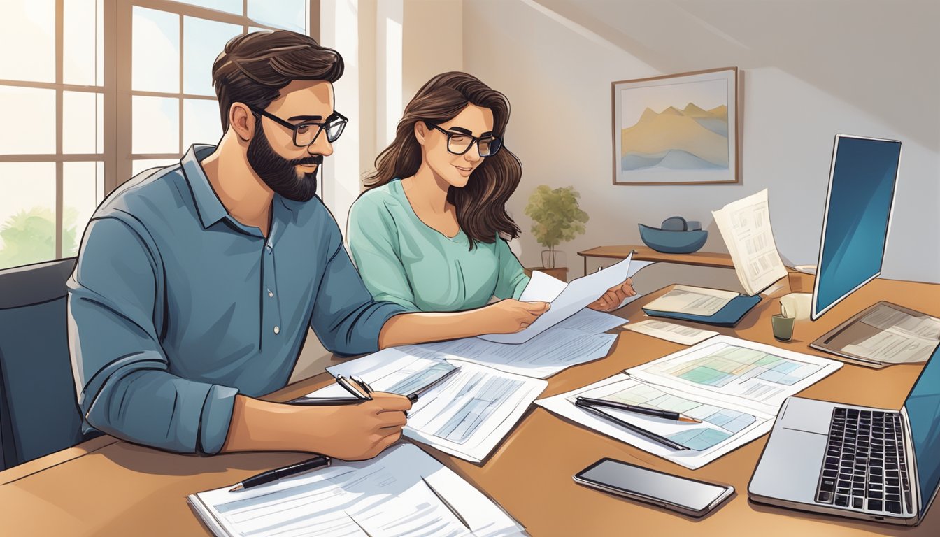 A couple sits at a table, reviewing paperwork for their home loan. A laptop and calculator are on the table, with a pen and paper for notes. The room is well-lit and comfortable, with a sense of determination in the air