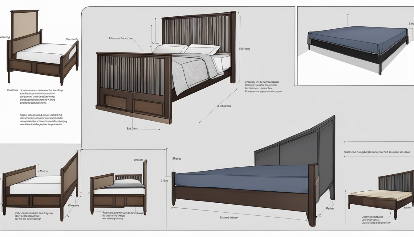 A bed board is shown from various angles, highlighting its sturdy construction and practical design. The illustration captures the details of the bed board's components and its function within a bed frame