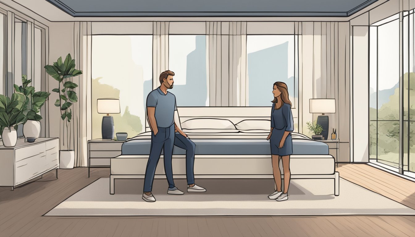 A couple stands in a showroom, comparing different king bed frames. The room is well-lit, with various bed frames displayed against a neutral backdrop. The couple appears to be discussing the features of each bed frame, trying to find the perfect one for