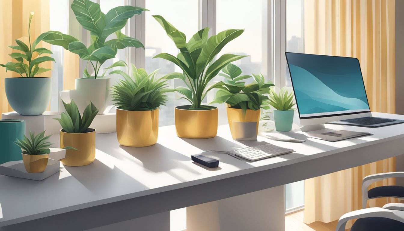A group of eco-friendly corporate gifts arranged on a sleek modern desk, surrounded by potted plants and natural light streaming in through large windows