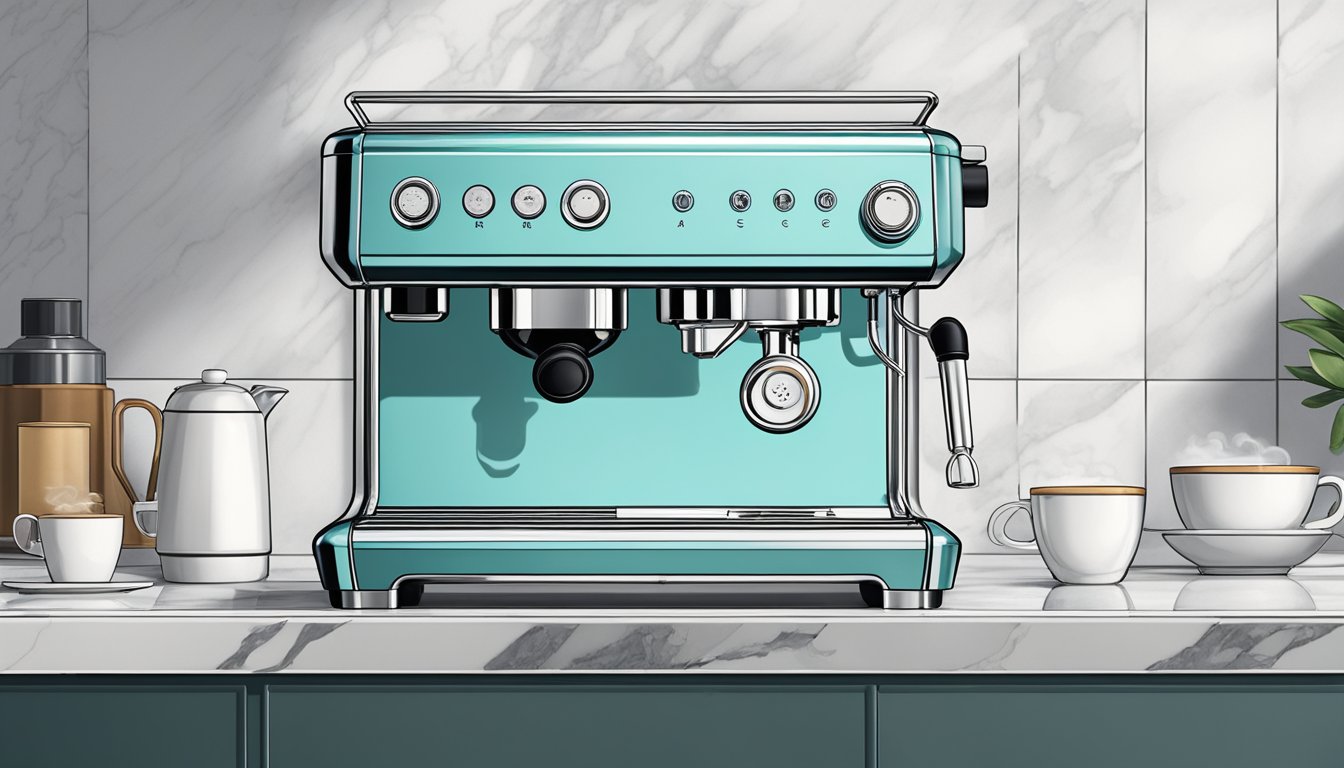 A sleek smeg espresso machine sits on a marble countertop, steam rising from the spout as a rich aroma fills the air