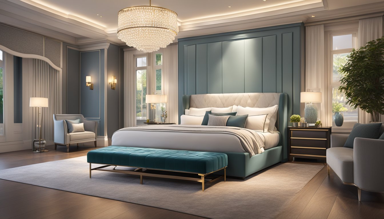 A luxurious king bed with plush pillows and a soft duvet, surrounded by elegant bedside tables and soft lighting, creating a serene and inviting atmosphere