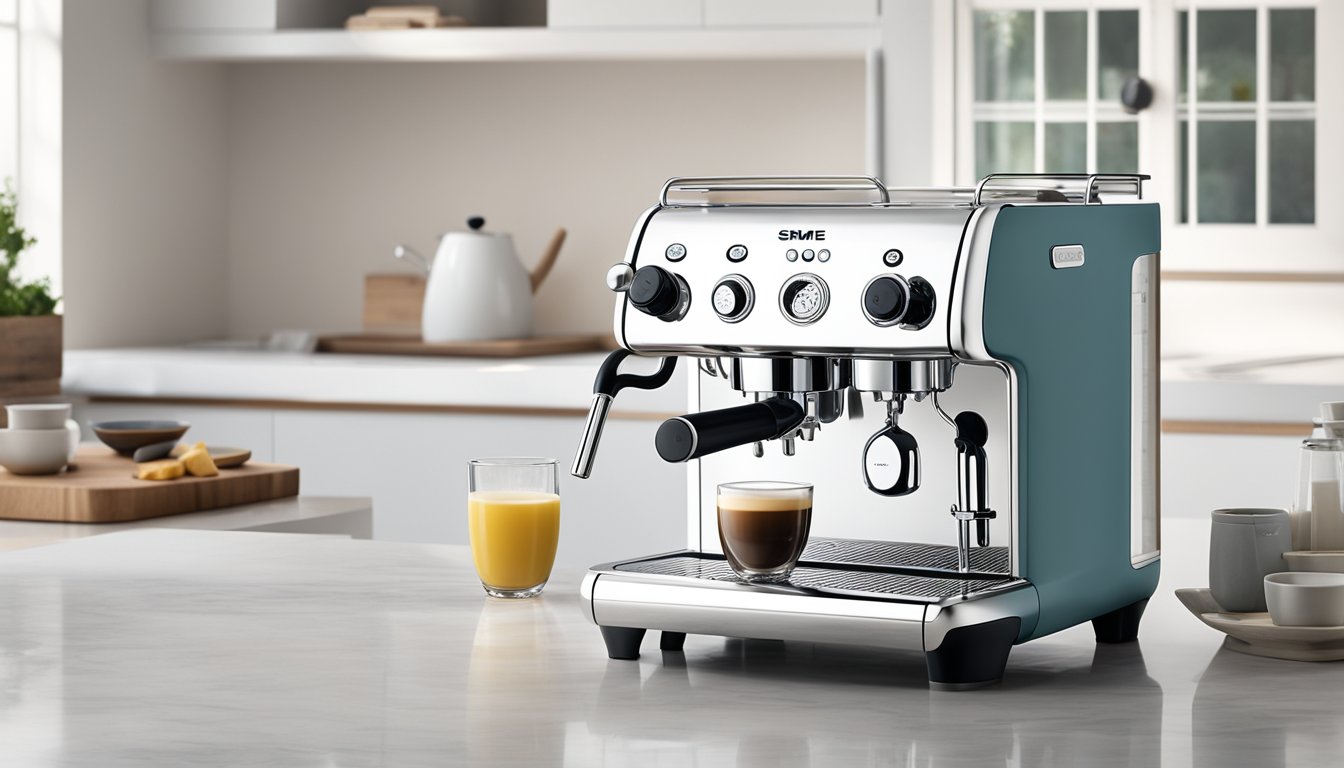 The Smeg Espresso Machine sits on a clean, white countertop, bathed in soft natural light, with steam rising from the spout