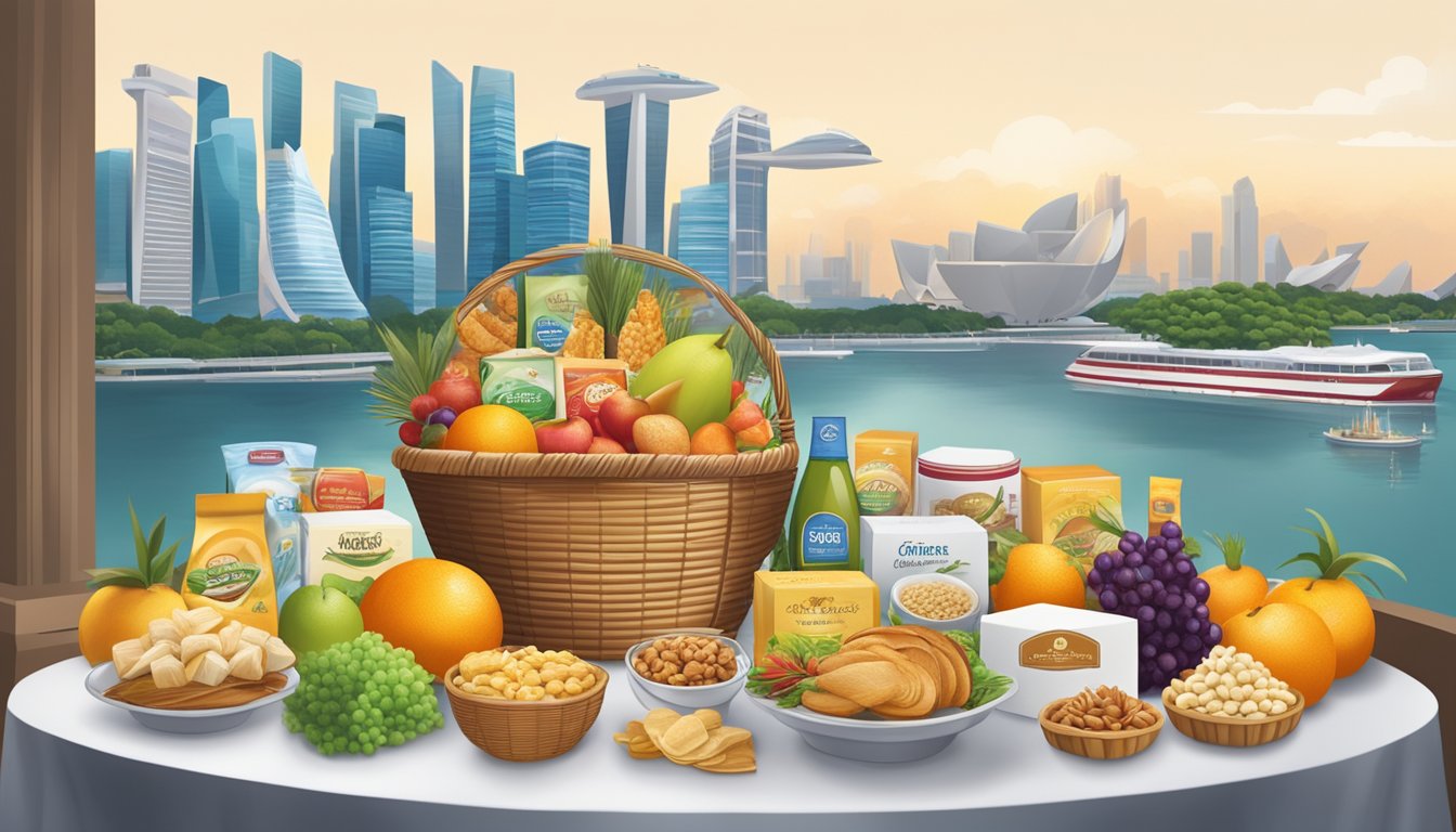 A table displaying an array of gourmet food items in elegant gift baskets, with corporate logos and ribbons, set against a backdrop of the Singapore skyline