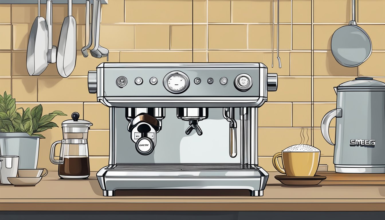 The Smeg espresso machine sits on a clean, modern kitchen counter, steam rising from the spout as a rich, aromatic coffee is brewed to perfection