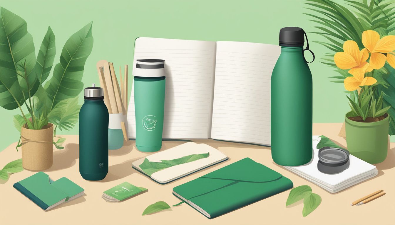 A group of eco-friendly corporate gifts, including reusable water bottles, bamboo utensils, and recycled notebooks, are displayed on a table with a backdrop of greenery