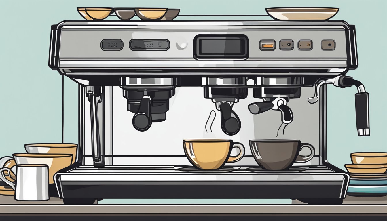 A sleek, modern espresso machine sits on a clean kitchen counter, surrounded by coffee cups and saucers. The machine's digital display and buttons indicate its advanced features