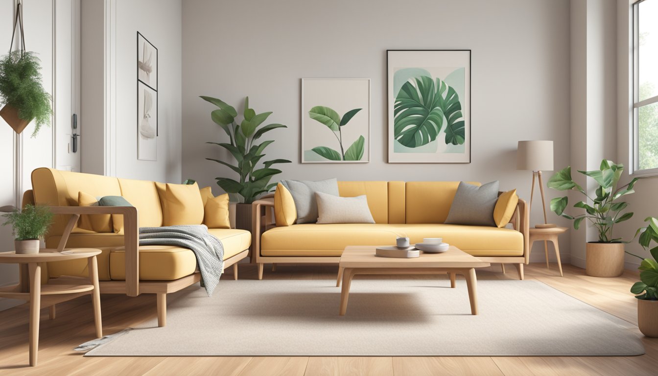 A simple wooden sofa set sits in a bright, airy room, with clean lines and minimalistic design