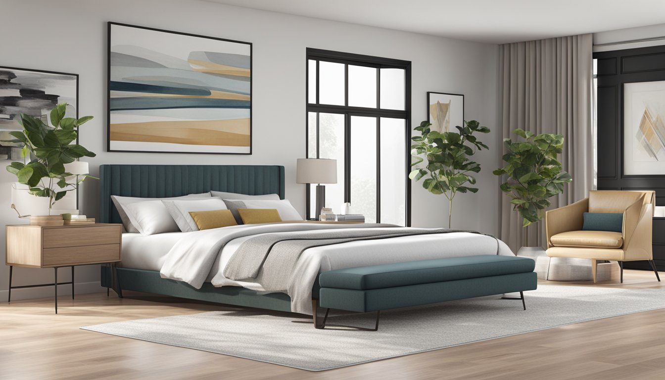A sleek, modern king bed frame stands in a spacious bedroom, with clean lines and a minimalist design. The frame is made of high-quality materials and features a neutral color palette