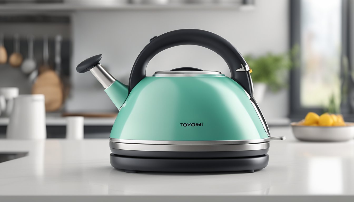 A Toyomi kettle sits on a clean, white countertop, steam rising from its spout as it boils water
