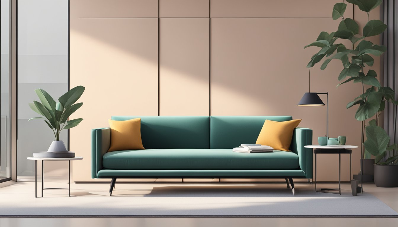 A sleek, minimalist modern sofa sits against a backdrop of clean, geometric lines and contemporary decor. The sofa features a low profile, smooth upholstery, and angular metal legs