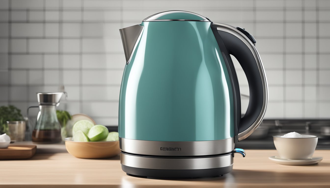 A modern electric kettle with a sleek stainless steel design sits on a kitchen countertop, steam rising from its spout as it boils water
