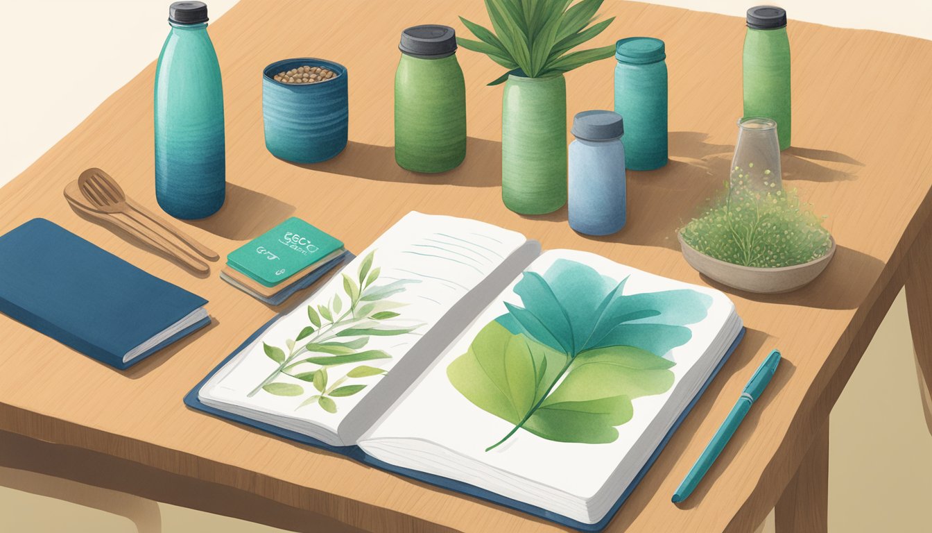 A table displays eco-friendly gift options: reusable water bottles, bamboo utensils, recycled notebooks, and plantable seed paper