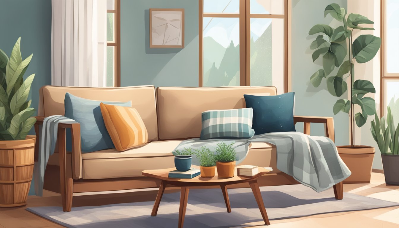A wooden sofa with simple cushions, adorned with a cozy throw blanket and a few decorative pillows. A small side table with a potted plant and a stack of books completes the scene