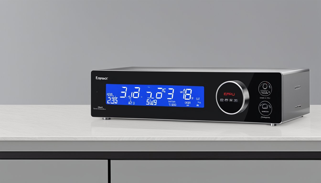 The Europace EPU 2201T sits on a sleek, modern countertop. Its digital display shows pricing and availability, while the surrounding area is clean and uncluttered