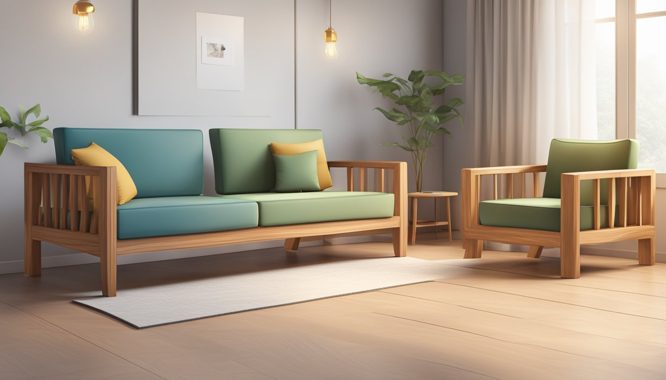 A simple wooden sofa set with FAQ signs nearby