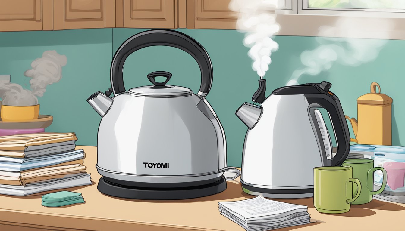 A Toyomi kettle sits on a kitchen counter, steam rising from its spout as it heats water. A stack of "Frequently Asked Questions" pamphlets rests next to it