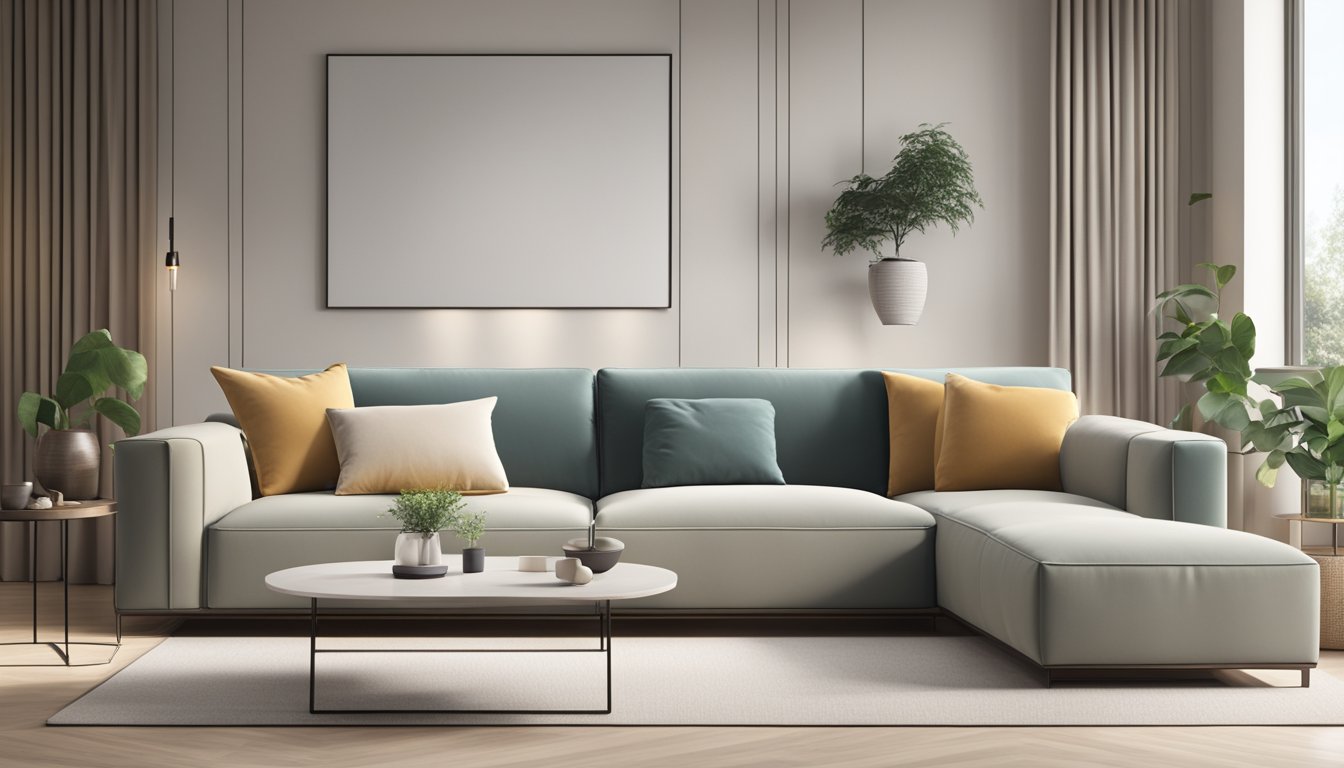 A sleek, minimalist sofa with clean lines and plush cushions, set against a backdrop of a contemporary living room with neutral tones and natural lighting