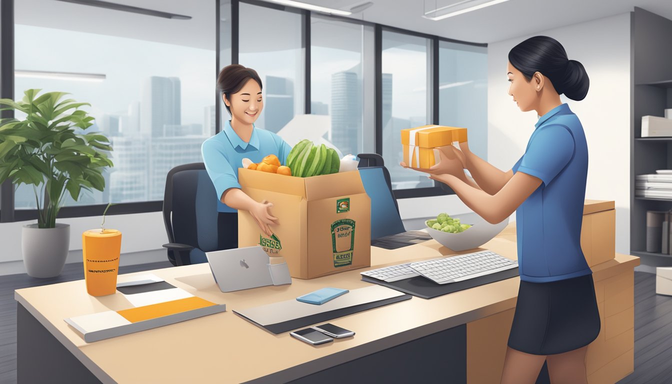A delivery person places a branded corporate gift food basket on a sleek office desk in Singapore