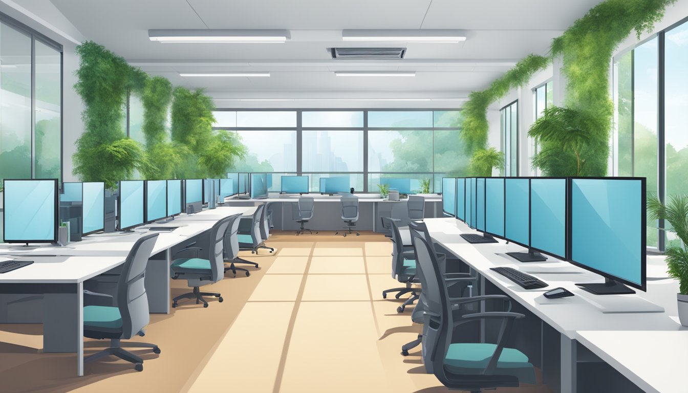 A modern office with multiple air conditioning units running efficiently, surrounded by greenery and natural light