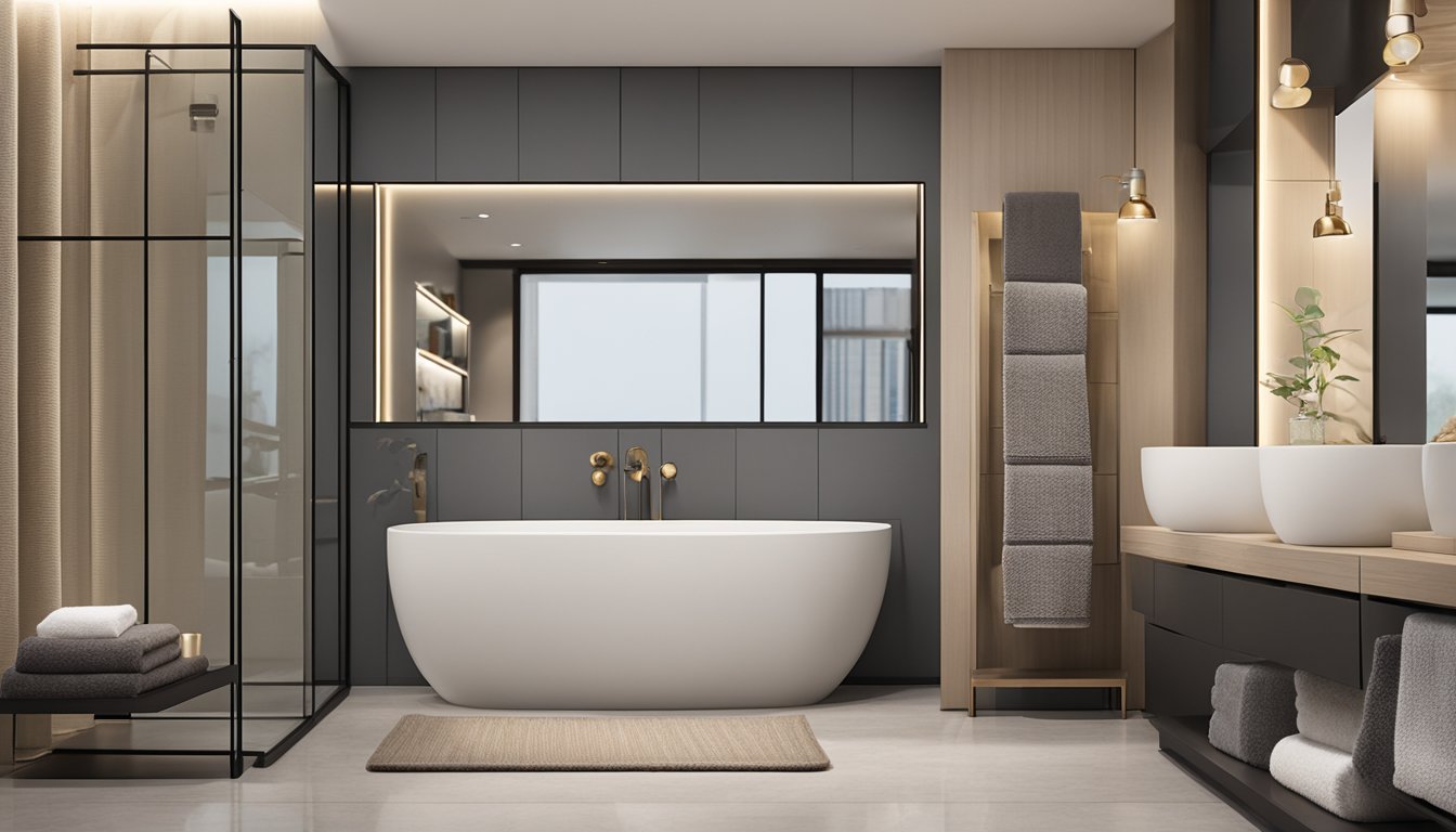 Luxurious bath towels in various colors and textures displayed on a sleek bathroom rack in a modern Singaporean home