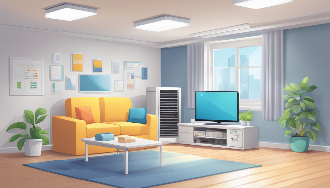A bright, clean room with a modern air conditioning unit. The unit is labeled with a "Frequently Asked Questions" icon