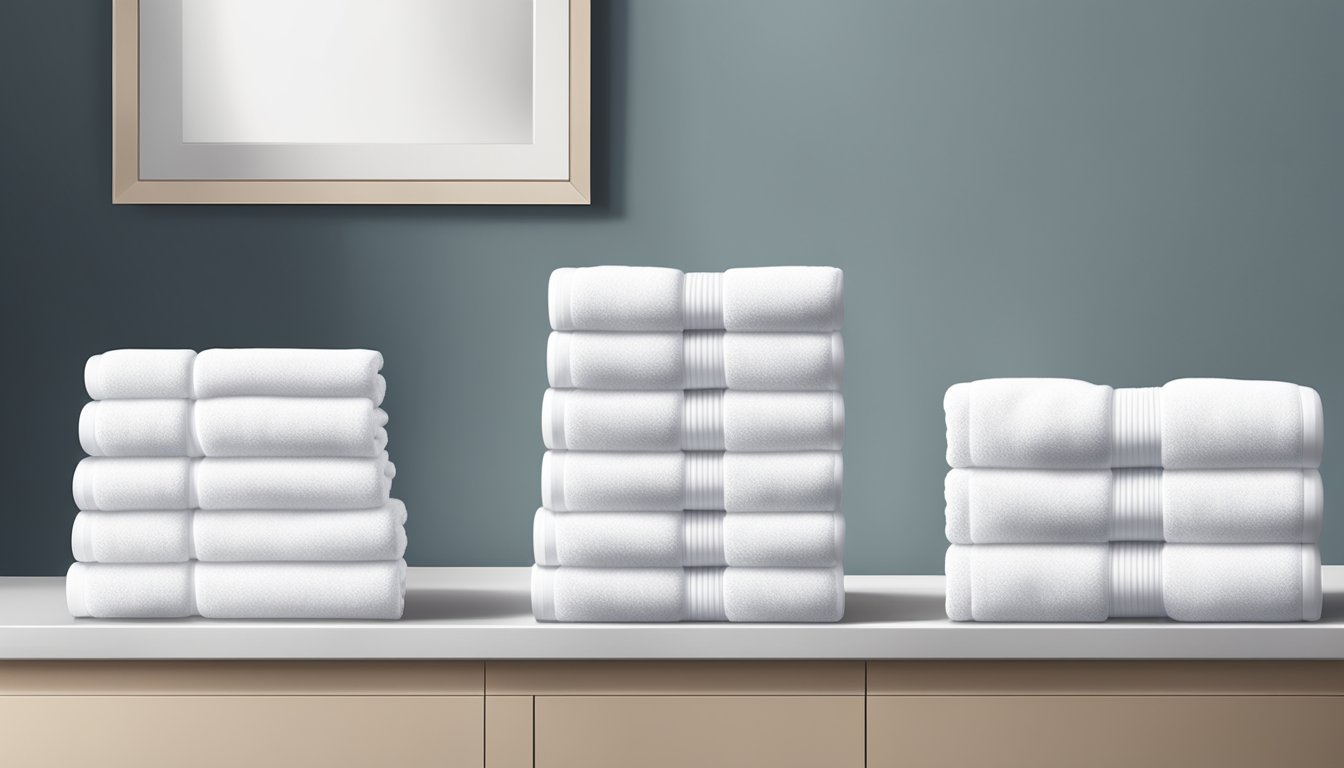 A stack of plush, white bath towels arranged neatly on a sleek, modern bathroom countertop