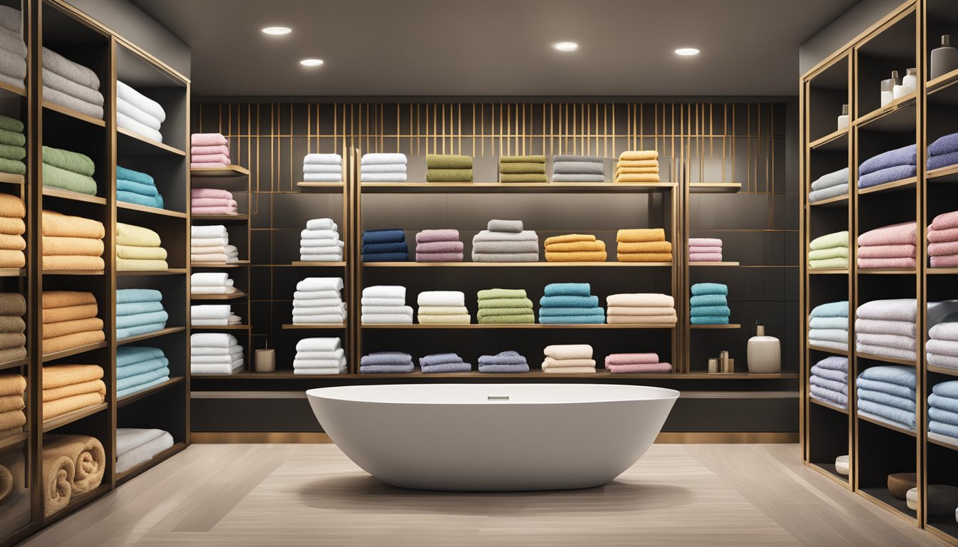 A display of luxurious bath towels in various colors and textures, neatly stacked on shelves in a modern, well-lit boutique in Singapore