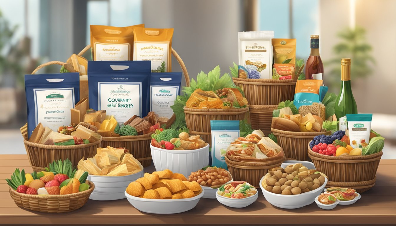A table filled with assorted gourmet food items, neatly arranged in elegant baskets, with the words "Frequently Asked Questions corporate gift food baskets Singapore" displayed prominently on a sign