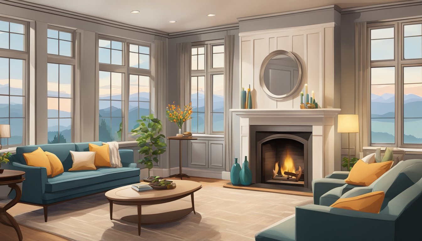A small living room with two seating areas, one centered around a cozy fireplace and the other focused on a large window with a view