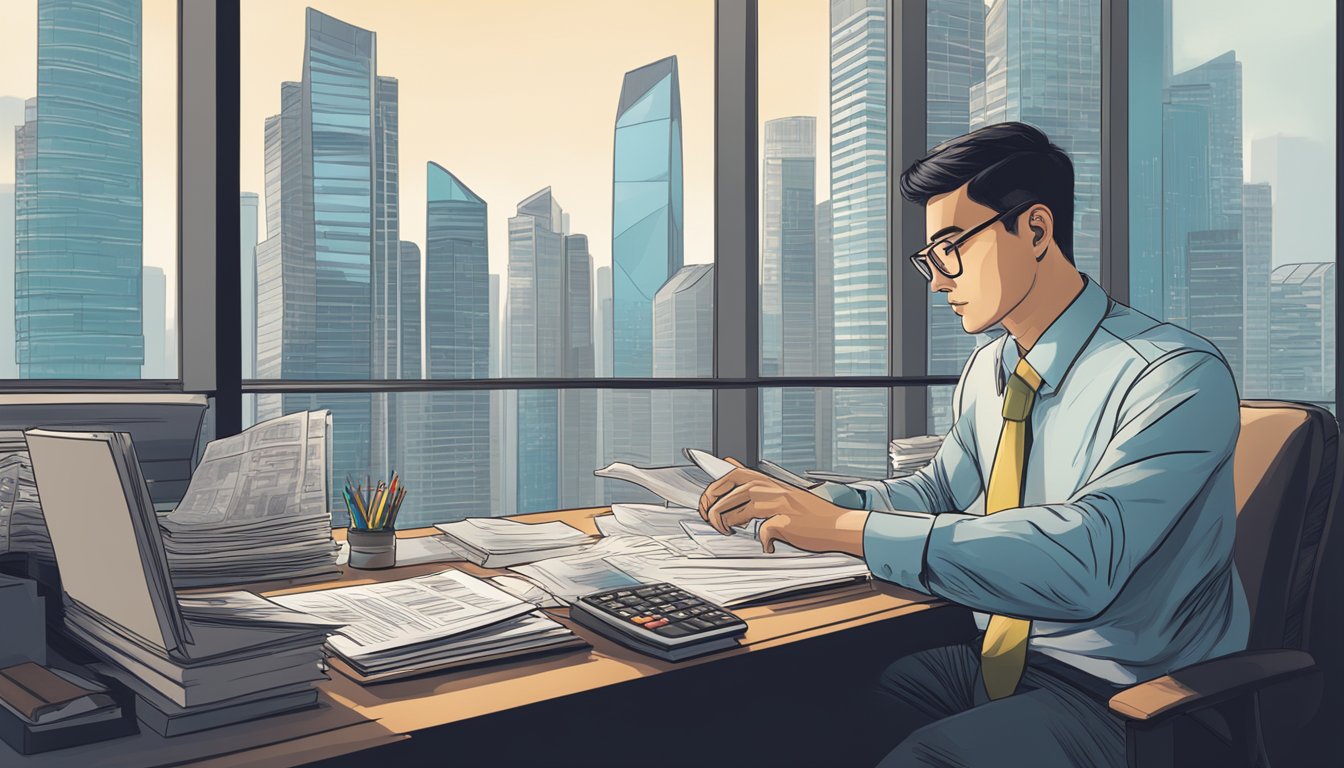 An accountant sits at a desk, surrounded by financial documents and a calculator. The skyline of Singapore is visible through the window, suggesting a professional urban setting