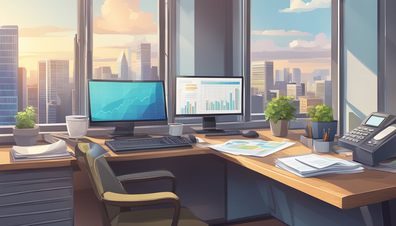 An office desk with a computer, calculator, and financial documents. A cityscape view visible through a window